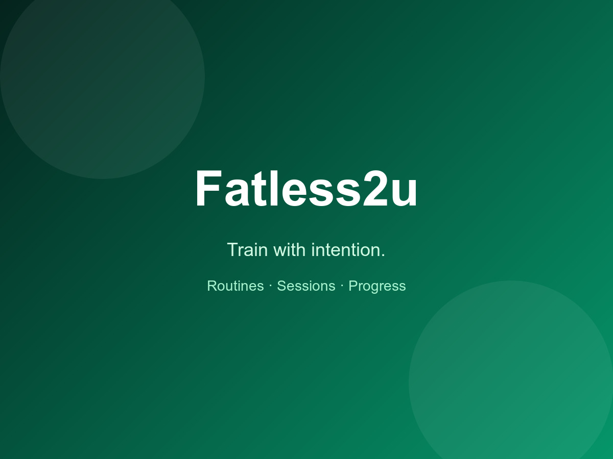 Fatless2u fitness app branding — routines, sessions, and progress tracking
